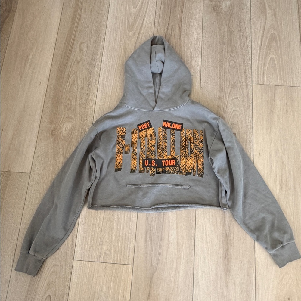 Post Malone Gray Cropped U.S. Tour Hoodie with Orange Graphic